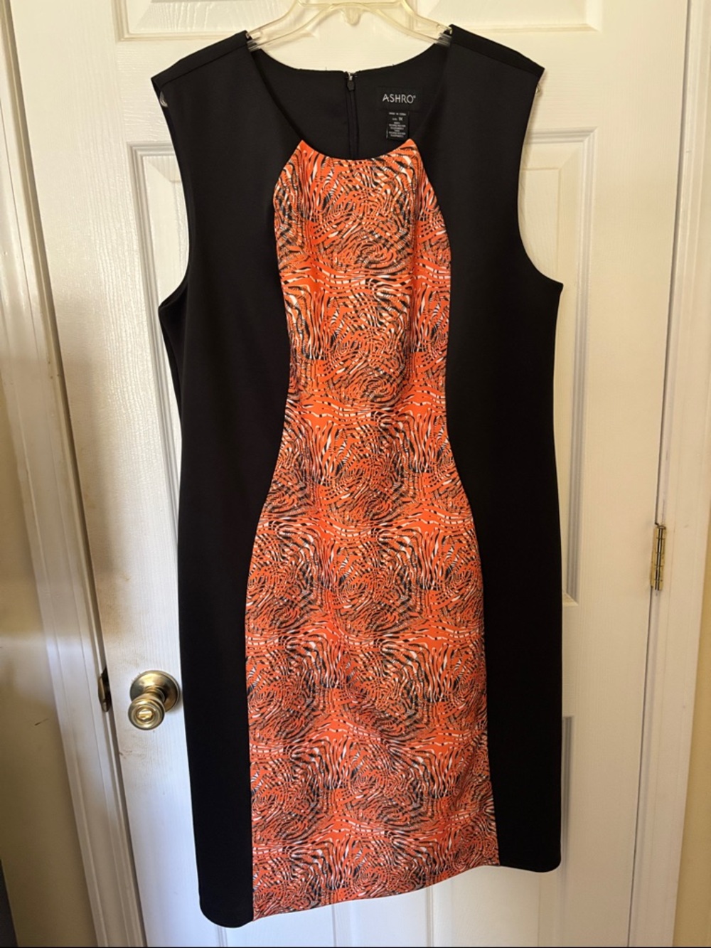 ASHRO Black Midi Dress with Orange Zebra Tiger Animal Print Center Panel